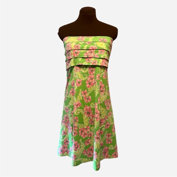 Vintage Lilly Pulitzer Petula Limeade Floater Coral Me Crazy Strapless Dress M - Picture 2 of 13